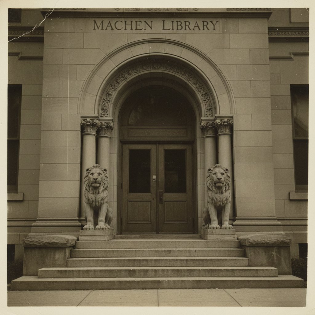 Machen Library entrance with stone lions